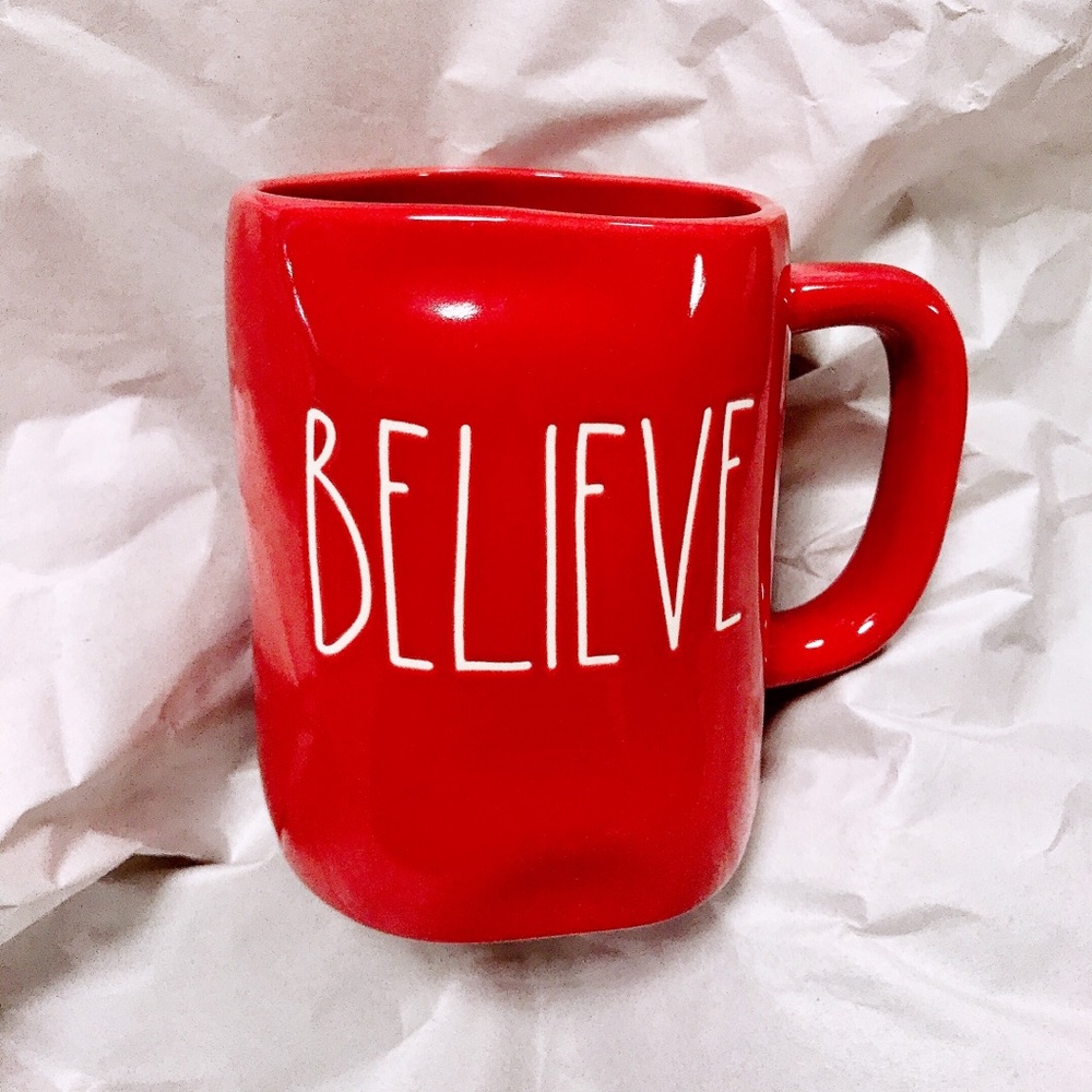 Rae Dunn Believe red Christmas mug